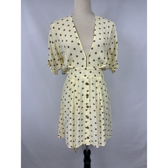 Faithfull the Brand Vanelli Mini Dress Sylve Dot Print Lemon 8 Cream Brown Dot - Picture 4 of 16